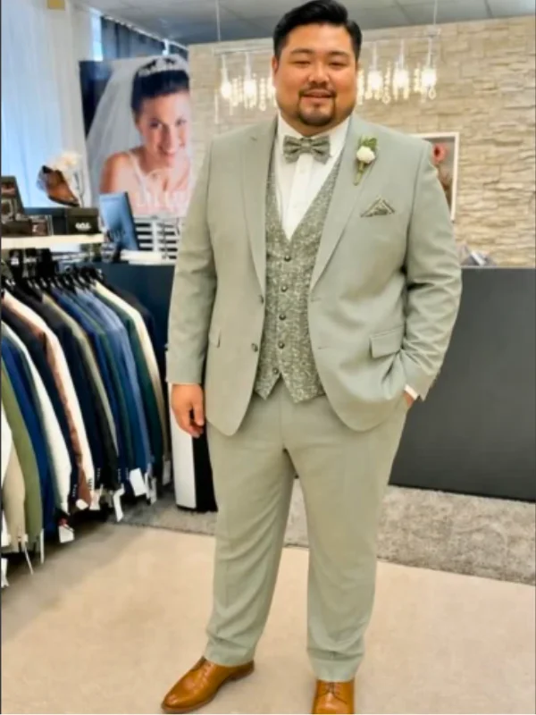 15 Plus Size Groom Outfit Ideas Trending in 2026 16 Sage Green Three Piece With a Patterned Vest and Bow Tie