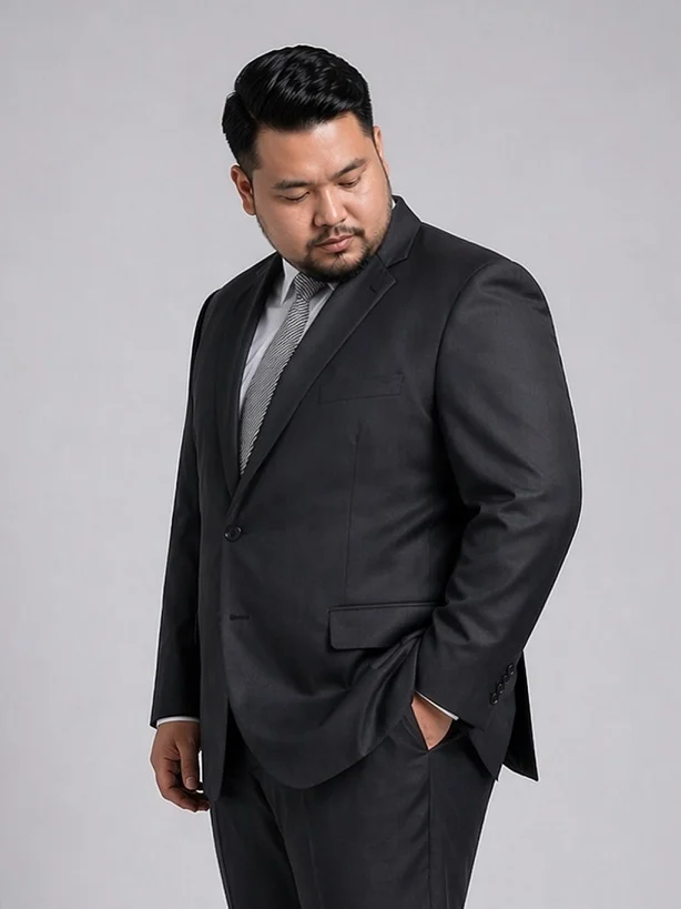 15 Plus Size Groom Outfit Ideas Trending in 2026 12 Dark Charcoal Suit With a Striped Tie and Nothing Else
